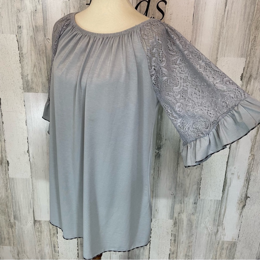 WinWin Women’s Gray Lace Short‎ Sleeve Boho Tunic Shirt Top Blouse Size L / XL